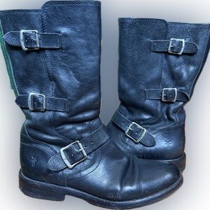 FRYE Moto Black Leather 3-Buckle Jayden Boots, Women 8 EUC